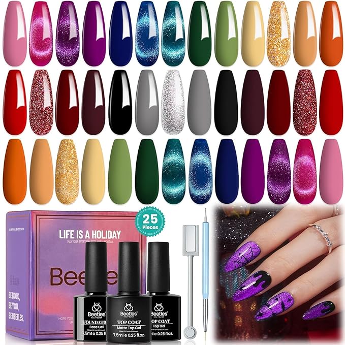 Beetles Winter Gel Nail Polish 20 Winter Colors Cat Eye Gel Polish Set Burgundy Red Purple Black with Magnet Pen Base Top Coat DIY Salon Manicured Soak Off UV LED Lamp Gifts for Women Gemstone Party
