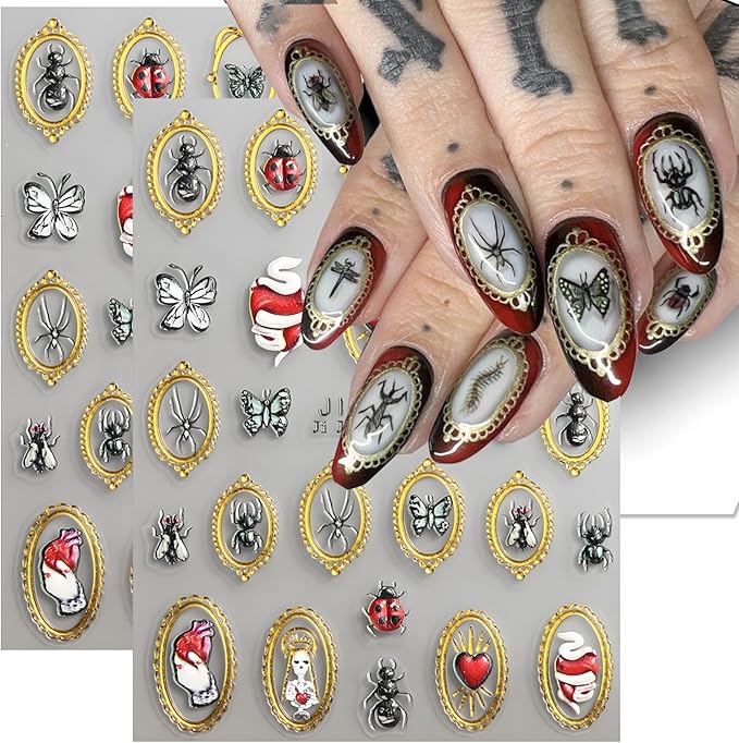 2Pcs Retro Halloween Nail Stickers Butterfly Decals for Nail Art Spider Nail Design Insect Gold Mirrors Nails Supplies 5D Embossed Heart Nails Acrylic Accessories for Women DIY Manicure Decoration