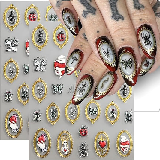 2Pcs Retro Halloween Nail Stickers Butterfly Decals for Nail Art Spider Nail Design Insect Gold Mirrors Nails Supplies 5D Embossed Heart Nails Acrylic Accessories for Women DIY Manicure Decoration