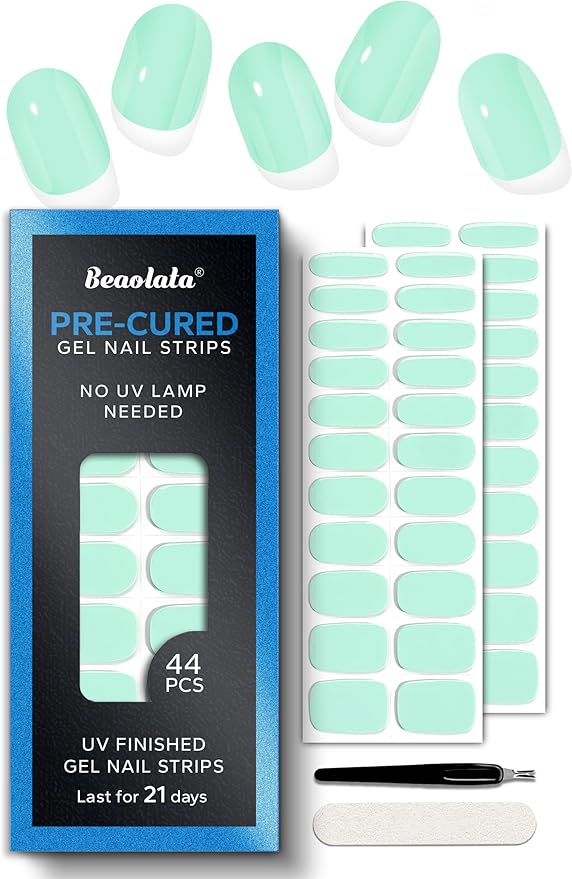 Pre Cured Gel Nail Strips - 44PCS Salon Quality Gel Nail Stickers - Long Lasting Polish Wraps for Women no UV Light Needed Easy Apply& Remove (Lime Green）