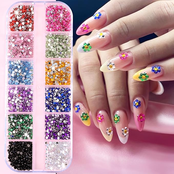 24 Grid Colorful Nail Charms 3D Flat Back Nail Rhinestone Half Round Pearl Nail Art Charms and Gems Kits Colorful Rhinestones for Crafting DIY Nail Art Makeup Decoration