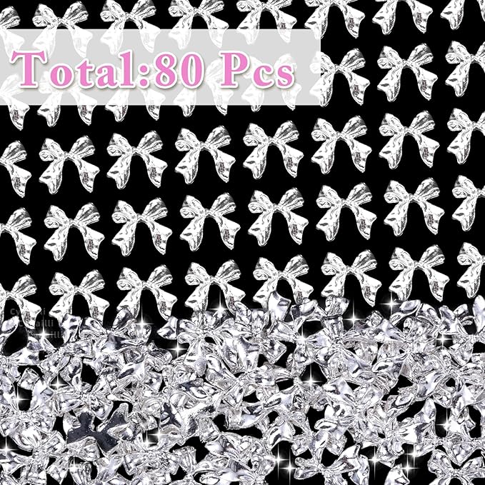 80 Pcs Sliver Bow Nail Gems Charms, 3D Bowknot Nail Charms for Alloy Nails, Cute Bow Tie Nail Jewelry Charms, Shiny Luxury Metal Nail Bow Charms for Nail Art Design Accessories