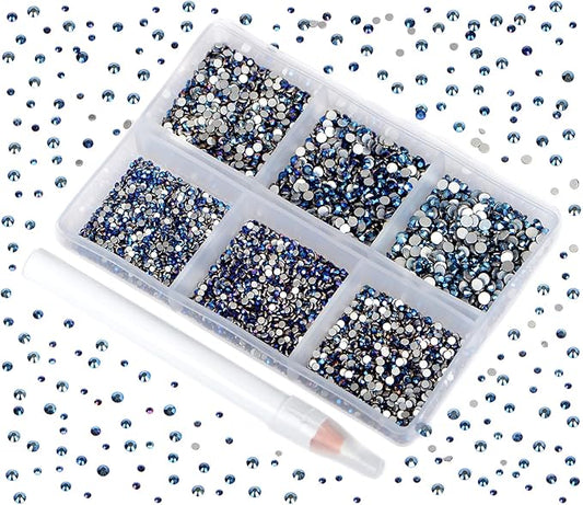 Bymitel 7200 Pieces 6 Mixed Sizes Glue Fix on Glass Rhinestones Round Crystal Gems Flatback for DIY Jewelry Making with one Picking Pen (6-Sizes 7200PCS, Mine Blue)