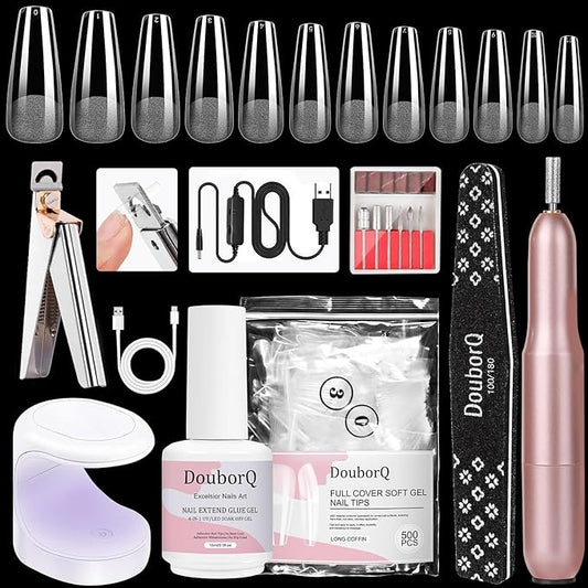 Major Dijit Gel Nail Kit - Beginner Gel Nail Set with Nail Drill, 0.5oz 4-in-1 Nail Glue, 500PCS Long Coffin Nail Tips, UV Lamp for Nail Extension