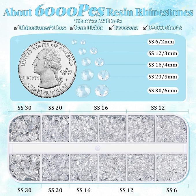 6000Pcs Resin Rhinestones for Bedazzling with 3Pcs B7000 Jewelry Glue, 1 Box Transparent Flatback Rhinestones for Crafting Crafts DIY, Crystals Gems for Clothing Shoes Tumblers Nail Art Makeup