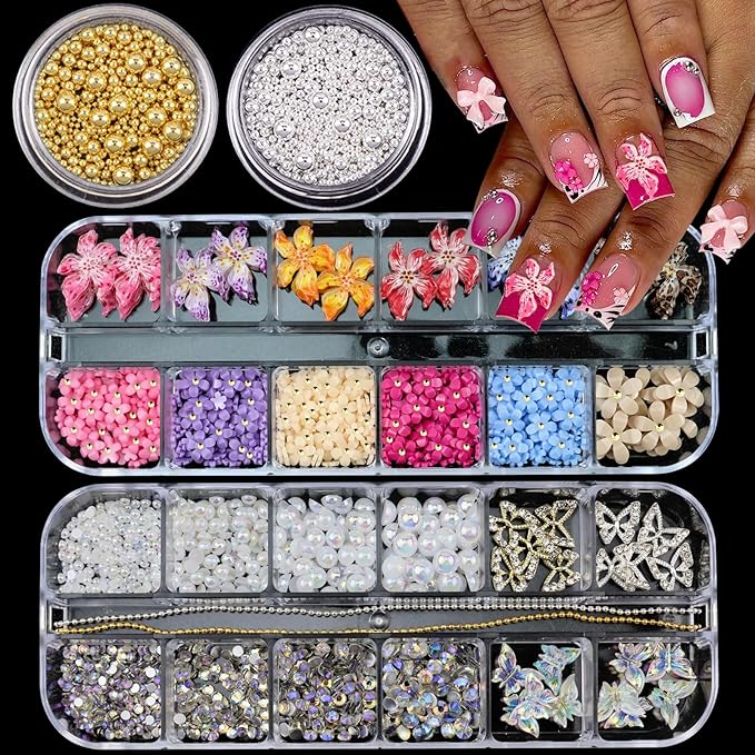 4 Boxes Nail Gems Colorful Flower Nail Charms for Acrylics - Crystals, Half Rounds Flatback Pearls and Rhinestone & Accessories for DIY Nails Art Decor for Women Nails Design