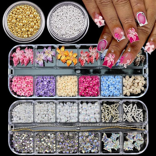 4 Boxes Nail Gems Colorful Flower Nail Charms for Acrylics - Crystals, Half Rounds Flatback Pearls and Rhinestone & Accessories for DIY Nails Art Decor for Women Nails Design