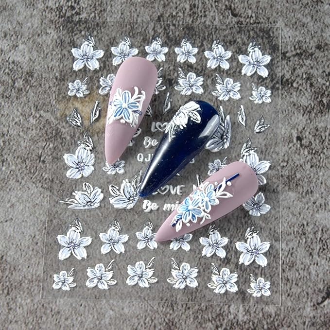 JMEOWIO 3D Embossed Spring Flower Nail Art Stickers Decals Self-Adhesive Pegatinas Uñas 5D Colorful Summer Floral Nail Supplies Nail Art Design Decoration Accessories 4 Sheets