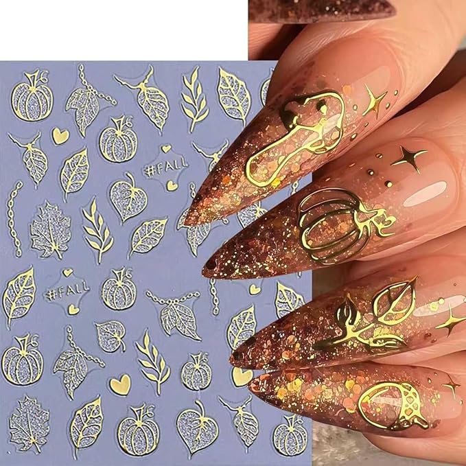 6Pcs Fall Nail Art Stickers Autumn Maple Leaf Nail Decals 3D Self-Adhesive Fallen Leaves Nail Stickers Cute Pumpkin Chain Nails Supplies Thanksgiving Manicure Sliders for Women Nails Art Decorations