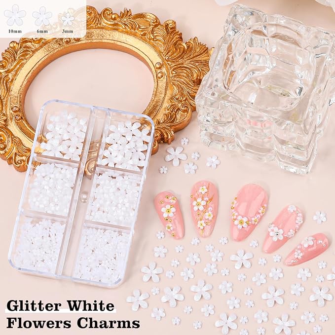 4 Boxes 3D Flower Nail Charms and Gems - White Nail Flower Charms Crystal AB Clear Gemstones Silver/Gold Caviar Beads White/AB Pearls for Women DIY Manicure Crafts (17-S4-White)