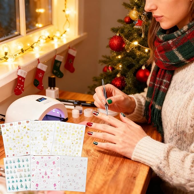 Allstarry Christmas Nail Stickers, 6 Sheets Christmas Nail Decals Chrome Gold Xmas Trees Snowflakes Snowman Reindeer Bow Winter Nails Sticker for Women Girl Gifts