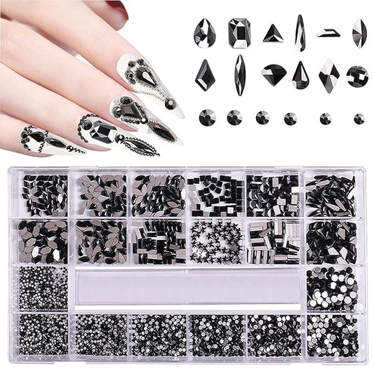 HOINCO Black Rhinestones for Nails - 3100 Pcs Mix Flatback Rhinestone/Gems - 600 Diamonds + 2500 Round Beads for Nail Crafts with Tweezers Pen