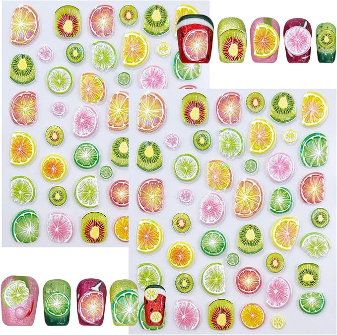5D Embossed Fruit Nail Art Stickers, Lemon Kiwi Design, Colorful Summer Nail Decals, 2 Pieces