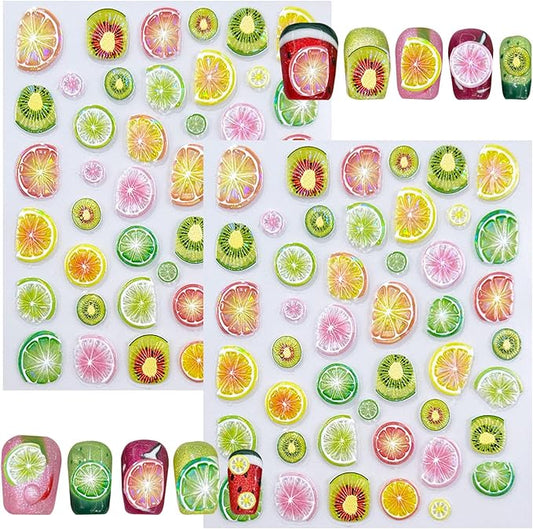 5D Embossed Fruit Nail Art Stickers, Lemon Kiwi Design, Colorful Summer Nail Decals, 2 Pieces