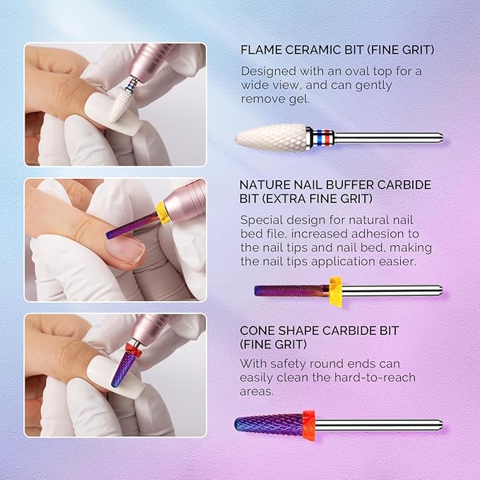 MelodySusie 3Pcs Nail Drill Bits Set, 3/32'' Carbide Tungsten Ceramic Bits, Flame, Nature Nail Buffer and Cone Shape Bits, Suitable for Manicure Pedicure Cuticle Gel Acrylic Remover