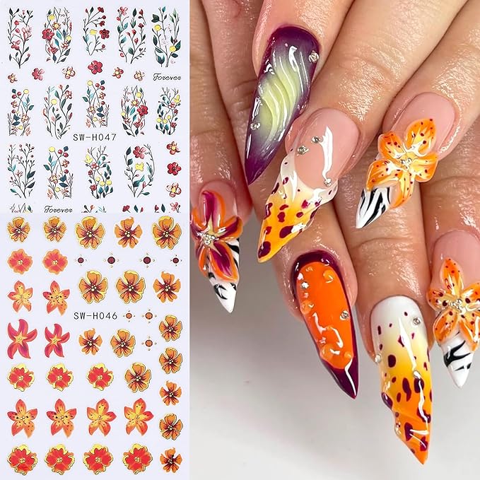 Colorful Flowers Nail Art Stickers 3D Orange Flower Nail Decals with Gold Edge Designs Nail Stickers Self-Adhesive Wildflowers Leaf Nail Decal Cute Floral Leaves Nail Sticker for Women Nails Decor