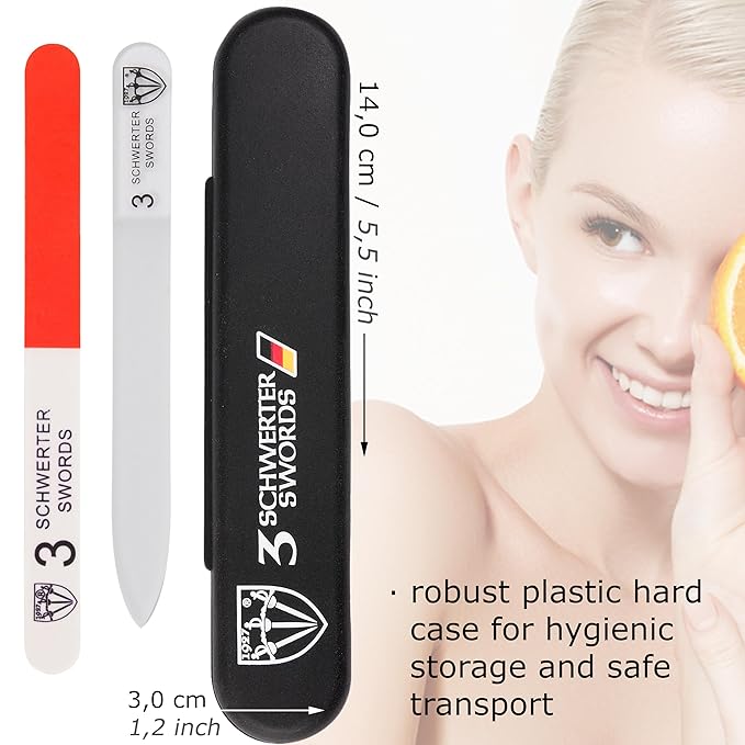 3 Swords Germany - Brand Quality Clear Double Sided Glass Nail File for Women & Girls, Perfect for Natural Fake Gel Artificial Acrylic fingernail, incl. Nail Buffer & Tube case for Travel (313)
