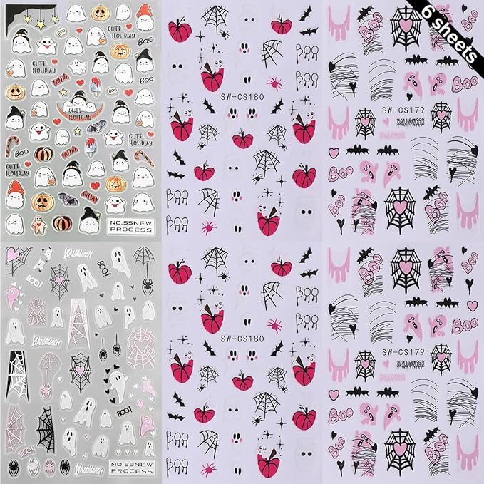 6 Sheets Halloween Nail Art Stickers Cute Ghost Nail Stickers Spider Web 3D Self Adhesive Nail Decals Gothic Spider Spooky French Nail Design Stickers for Women Girls Acrylic Manicure Salon