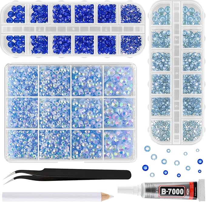 ASTARON Blue Resin Rhinestones for Crafting, 2mm-6mm Mixed Flatback Resin Gemstones for Crafts Gems Bulk Jelly AB Bedazzling Diamonds with Glue for Nails, Tumblers, Mugs Decoration