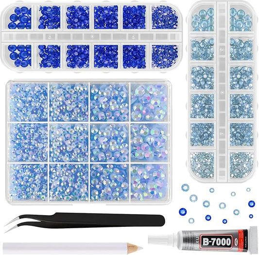 ASTARON Blue Resin Rhinestones for Crafting, 2mm-6mm Mixed Flatback Resin Gemstones for Crafts Gems Bulk Jelly AB Bedazzling Diamonds with Glue for Nails, Tumblers, Mugs Decoration