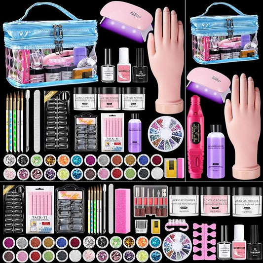Nail Kit for Beginners with Everything: Practice Nail Hand Acrylic Nail Powder Liquid Set with U V Lamp Drill in Gift Bag for Home Salon(Blue Bag)