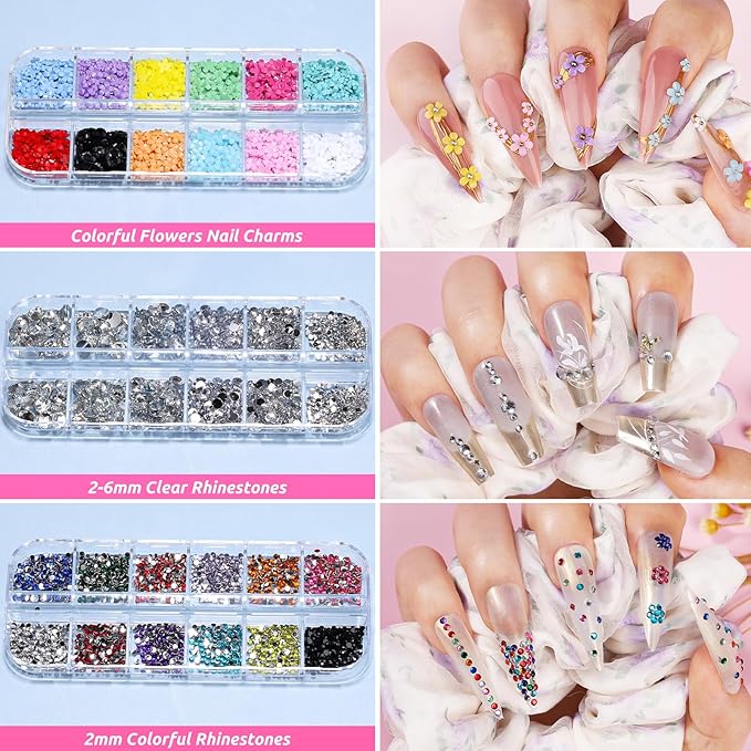 Nail Art Kit for Beginners with Nail Brushes Set and Dotting Tools, Jumbo Holographic Glitter Sequins 2-6mm Rhinestones 3D Colorful Flowers Metal Studs Striping Tape with Tweezers (04-Black)