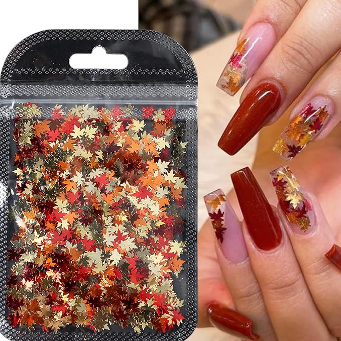 Fall Nail Art Glitters Shiny Mixed Golden Maple Leaf Nail Sequins Holographic Maple Leaves Nail Glitter Flakes Sparkly Autumn Winter Nail Designs Fall Stickers Decals Thanksgiving Decorations (1Bag)