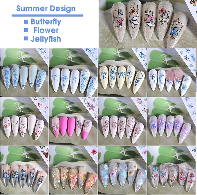 Tropical Nail Art Stickers Decals 14 PCS 3D Blue Flower Jellyfish Nail Art Designs Hibiscus Butterfly Geometry Stickers Colorful Charms Nails Supplies Self Adhesive Summer Manicure Decor