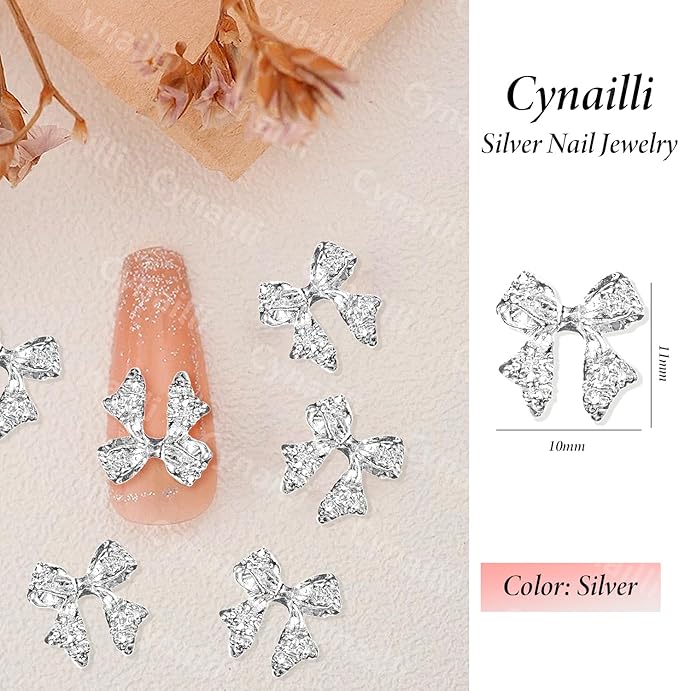 80 Pcs Silver Alloy Bow Nail Charms, 1011mm, Ideal for Nail Art, DIY Accessories
