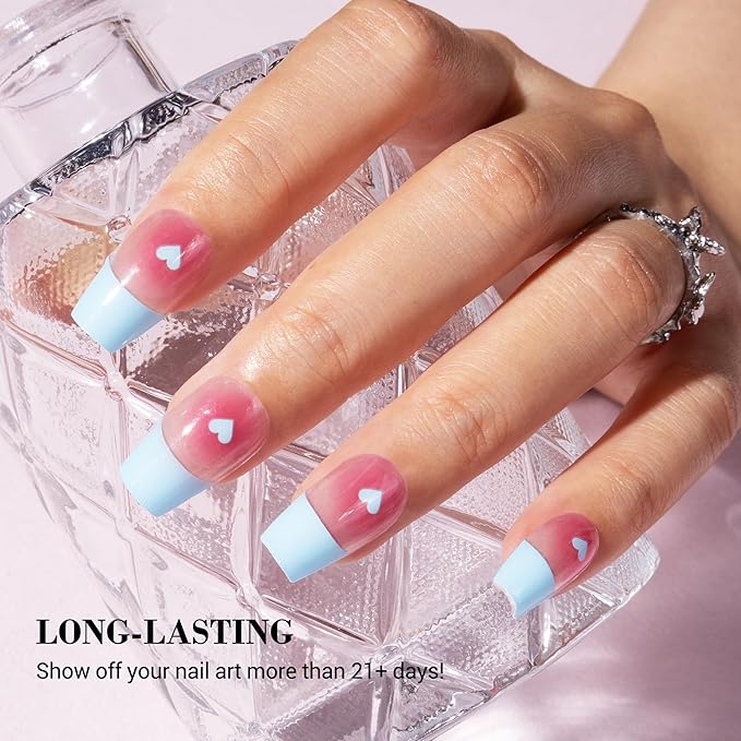 MelodySusie Semi Cured Gel Nail Strips, 20 PCS Gel Nail Stickers, Gel Nail Wraps, UV Light Required, Durable and Salon Quality (Blue and Heart)