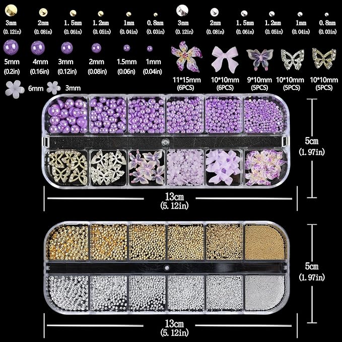 Nail Art Charms with Rhinestones Glue Gel Purple Flatback Pearls Flower Butterfly Nail Gems Supplies Accessories Gold Silver Nails Pearls for Women Nails Design Decoration