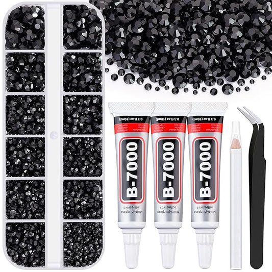 6000Pcs Resin Rhinestones for Bedazzling with 3Pcs B7000 Jewelry Glue, 1 Box Black Flatback Rhinestones for Crafting Crafts DIY, Crystals Gems for Clothing Shoes Tumblers Nail Art Makeup
