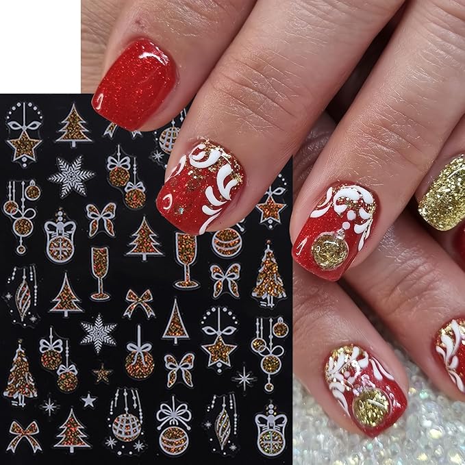 9 Sheets New Year Nail Stickers 3D Self-Adhesive Santa Claus Christmas Snowflake Nail Decals Elk Bow Xmas Tree Snowball Nail Art Stickers Butterfly Star Nail Decoration Supplies for Women Nail Designs