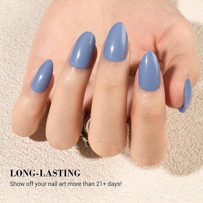MelodySusie Semi Cured Gel Nail Strips (Pearly Blue), Works with Nail Lamp, Salon Quality, Long Lasting, Easy to Apply and Remove, Includes 20Pcs, 2 Prep Pads, Nail File and Wooden Stick