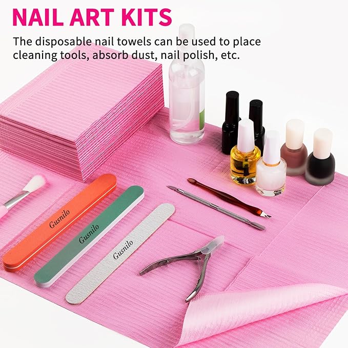 Gusnilo Nail Art Table Mat - Disposable Nail Paper Towels (240PCS) - Pink Waterproof 3-Ply Nail Art Paper 13" X 18" Pads for Nail Table Decoration Kit, Nail Art Accessories
