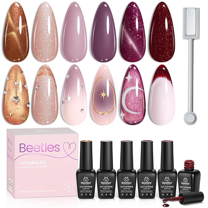 Beetles Cat Eye Gel Nail Polish Set, 6 Colors Brown Purple Glitter Nude Sparkle Stunning Champagne Burgundy Gold lavender Magnetic Effect Nail U v Gel Polish Art Design Gifts for Women