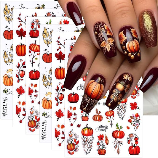 6 Sheets Pumpkin Nail Art Stickers Autumn Maple Leaf Nail Decals Maple Leaves Pumpkin Design Thanksgiving Day Nail Sticker Fall Stickers DIY Manicure Decoration Supplies for Women