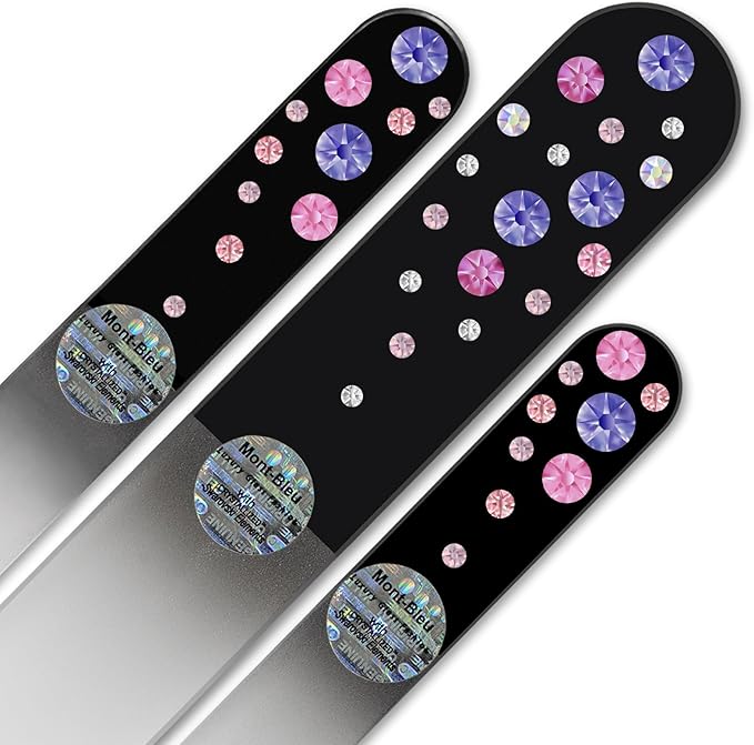 Mont Bleu Set of 3 Glass Nail Files hand decorated with crystals - Handmade - Czech Tempered Glass