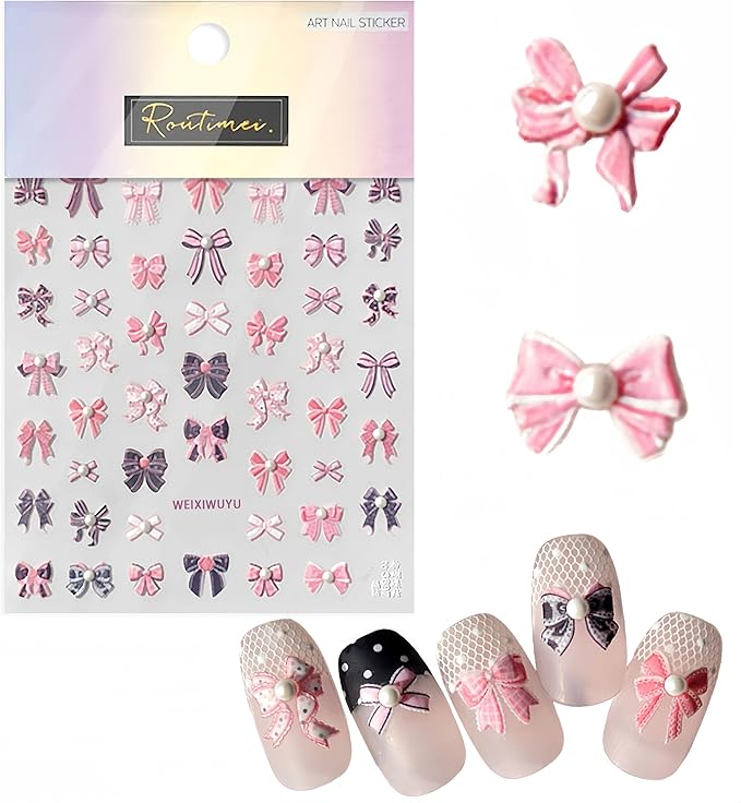 Pink Bow Knot Nail Art Stickers 5D Self-Adhesive Embossed Cute Bow Nail Decals Rhinestones Bow-Knot Elegant Pearl Design Nail Stickers for Women DIY Manicure Decorations