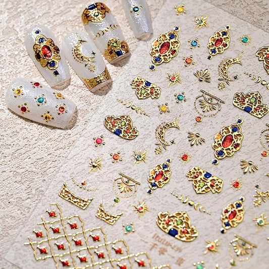 Gold Nail Stickers for Nail Art Self-Adhesive Bohemia Totem Vintage Luxury Nails Design 5D Nail Art Stickers Gold Colorful Diamond Nail Decals for Women Nail Supplies Accessories 1Sheets