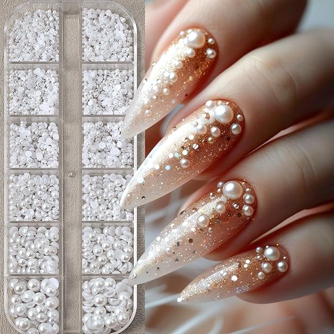 12Grids Pearls Nail Charms Nail Art Rhinestones for Acrylic Nails 3D Multi Sizes Half Round Pearl Nail Charms White Flat Back Design Nail Jewelry for Women DIY Nail Art Crafts Decoration Supplies