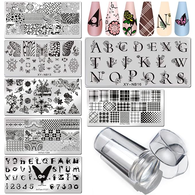 LoveOurHome Nail Stamping Plate Kit Letter Butterfly Lace Geometry Floral Fingernails Template Stencil Stamps Plate Silicone Stamper Scraper Manicure Design Tools Set (Letter)