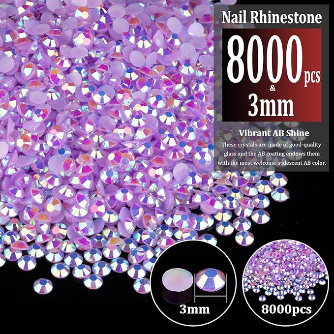 8000pcs 3mm Resin Rhinestones Bulk, Lavender Purple AB Flatback Round Jelly Rhinestones Bedazzling Non Hotfix Crystal Gems Large Quantity Wholesale for DIY Crafts Clothes Tumblers Face Makeup Manicure