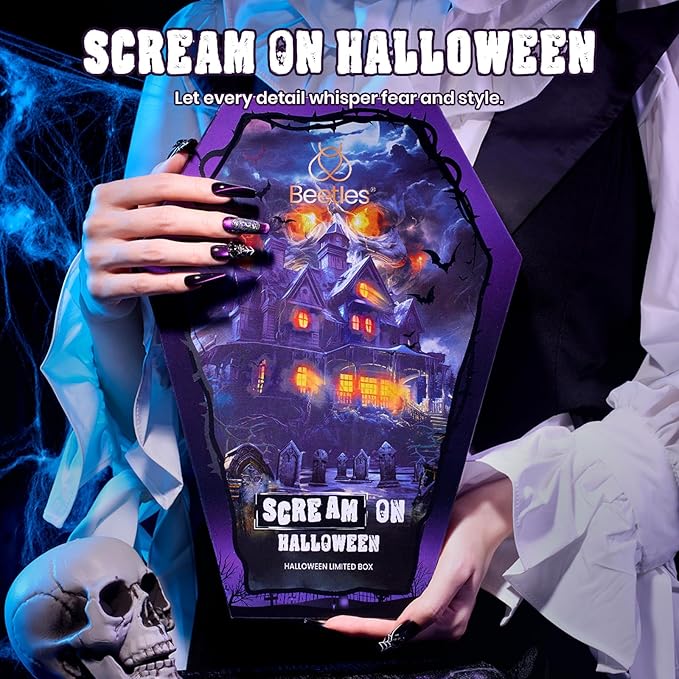 beetles Scream On Halloween Limited Box, Halloween Gel Polish Kit with UV Light, Black Orange Dark Purple Cat Eye Polish With Nail Tips Nail Sticker Manicure Kit Salon DIY Nail Art Gift Set