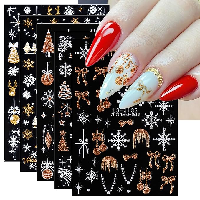 JMEOWIO 8 Sheets Christmas Glitter Nail Art Stickers Decals Self-Adhesive Silver Snowflake Nail Supplies Nail Art Design Decoration Accessories