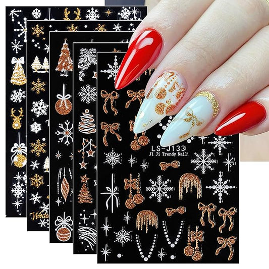 JMEOWIO 8 Sheets Christmas Glitter Nail Art Stickers Decals Self-Adhesive Silver Snowflake Nail Supplies Nail Art Design Decoration Accessories
