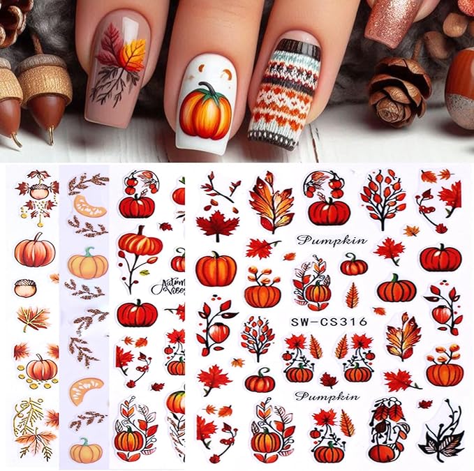 Fall Nail Stickers for Nail Art 3D Thanksgiving Pumpkins Autumn Fruit, Maple Leaf, Fallen Leaves Adhesive Nail Stickers for Women Nail Decoration Holiday DIY Cute Pumpkin Manicure Supplies 4 Sheets