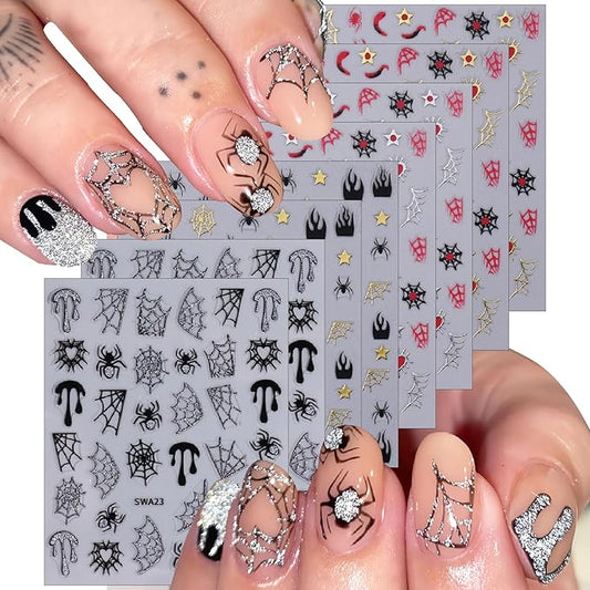 8 Sheets Halloween Nail Art Stickers 3D Self-Adhesive Halloween Nail Decals Golden Silver Black Red Horror Web Face Nail Art Supplies Glitter Spider Web Nail for Women Girls DIY Manicure Decoration