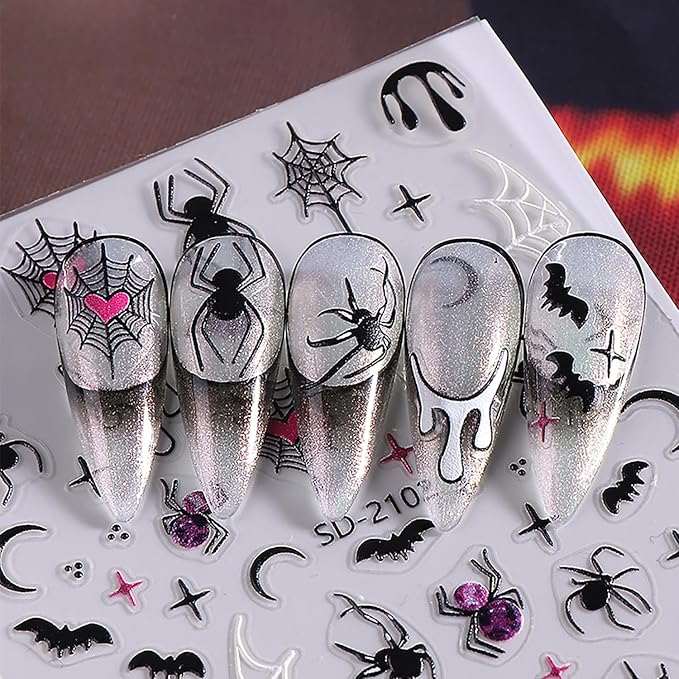 6 Sheets Halloween Nail Art Stickers Ghost Spider Web Skull and Pumpkin Nail Stickers Cute Nail Decals for Nails Art 3D Self-Adhesive Nail Art Supplies for Women Girls