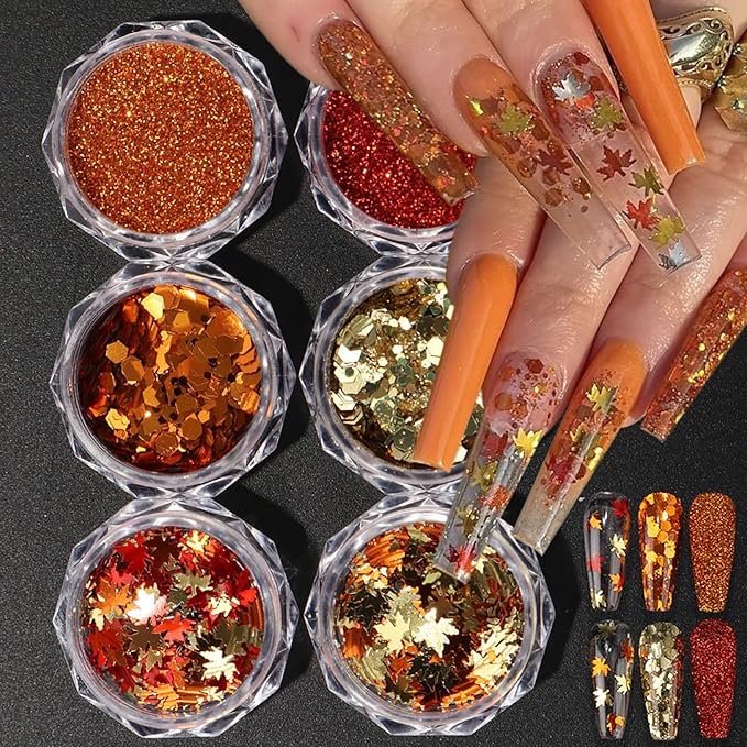 Thanksgiving Fall 3D Maple Leaf Nail Art Glitter Sequins, Mixed Red & Orange Nail Glitter Powder Polygons Sequins Fall Nail Decals for for Women Nail Decorations Supplies DIY Manicure Accessories